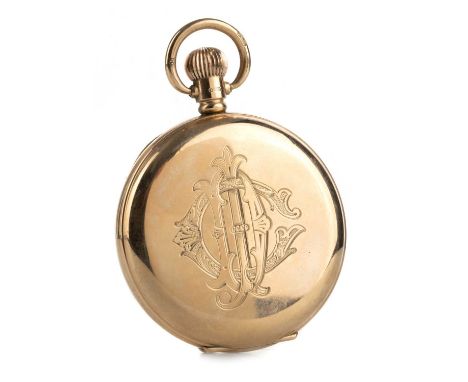 NINE CARAT GOLD OPEN FACE POCKET WATCH, the round white enamel dial with Roman hour markers, outer railroad seconds track and