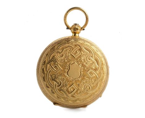 EIGHTEEN CARAT GOLD OPEN FACE FOB WATCH,  the round white enamel dial with Roman hour markers, outer railroad seconds track, 