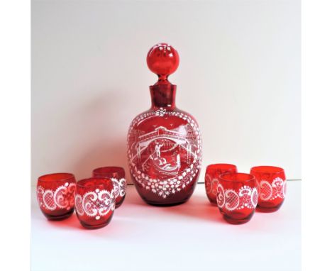 Vintage Hand Decorated Bohemian Decanter Drinks Set.  A rare and fine quality circa 1930's hand made and decorated ruby red d