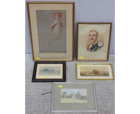 Five various pictures including, study of a naked man, red and white chalk on paper, 43x25cm, head and shoulders portrait of 