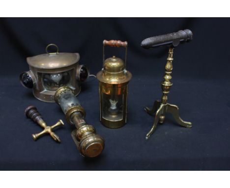 A boats brass port and starboard lamp, a brass and wood crimping tool, a Sherwoods patent safety lamp, a ships bulkhead lamp 