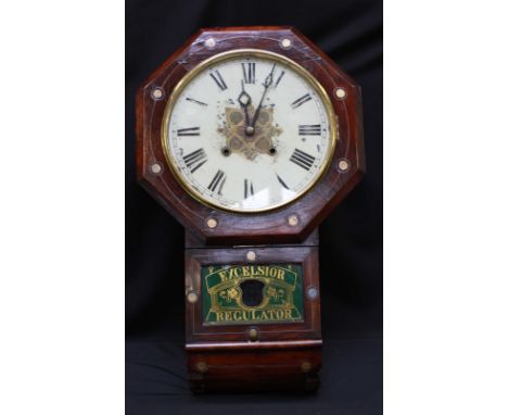 A 19th century American rosewood drop dial wall clock 'Excelsior Regulator' with octagonal case and painted below with glazed