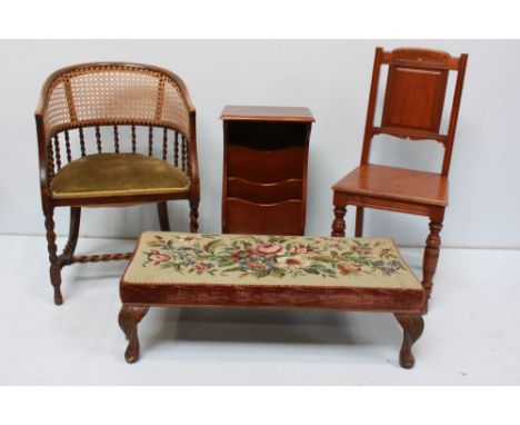 An Edwardian stained walnut hall chair together with a stained beech tub chair with rattan back and barley-twist supports, a 