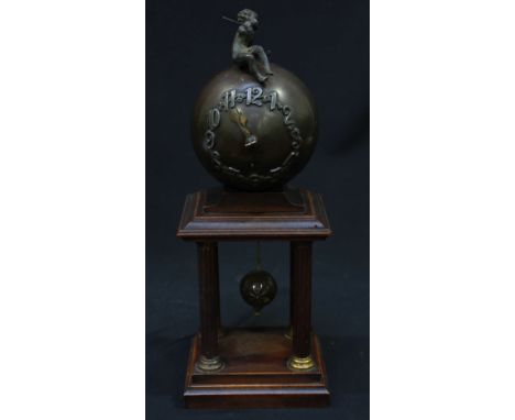 A late 19th century German Junghans globe clock, the top with brass sphere and Arabic numerals, with putti surmount, supporte