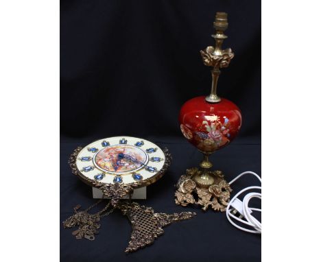 A French style ormolu table lamp with Rouge Royale design porcelain bulbous stem, the base formed as roses and flowers, toget