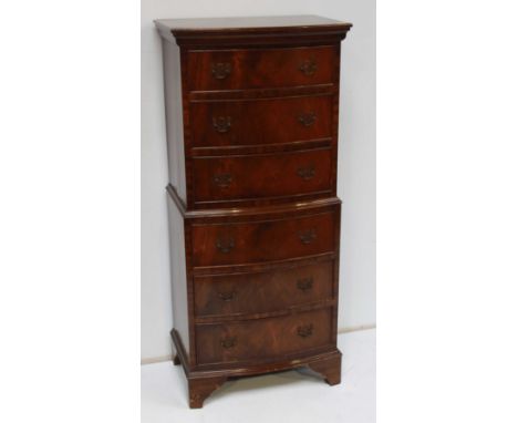 A small reproduction burr walnut Wellington style chest on chest, the top with three drawers with brass handles on a base of 