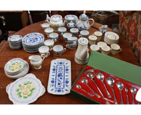 A German blue and white onion pattern tea service, together with a tea set, a breakfast set and a silver plated BSF serving s