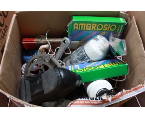 Mixed lot of;  1 pair leather Carnac Road shoes, 1 Japanese chainset, 3 cloth cycling caps - old, 2 vintage bottles, Box of s