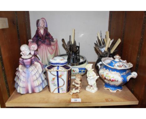 SECTION 29.  Three Katzhutte porcelain figures, (af), a Victorian sucrier and cover and other ceramics and plated ware.