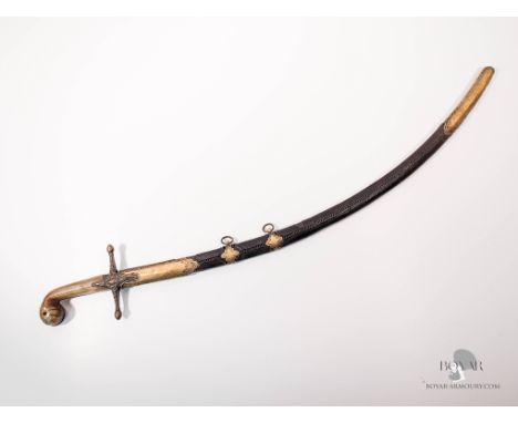 A HORN HILTED SHAMSHIR SWORD, BLUE AND GILT BLADE, OTTOMAN EMPIRE, 18TH CENTURY. The blade is of European origin, and is of v