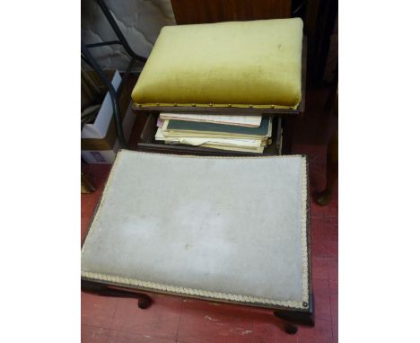 Box seat upholstered stool with fall front and music sheet contents and an upholstered dressing stool