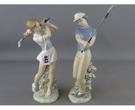 Pair of Nao figurines of a young boy golfer and a young girl golfer