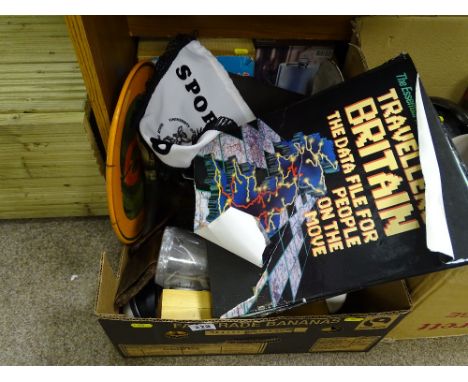 Box of miscellaneous items including boxed kerosene lamp, cigar case etc