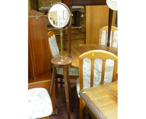 Polished wood tripod table with brass stem and circular bevelled edge tilting mirror