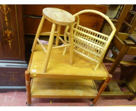 Pine two tier trolley, small oval topped stool and a bamboo magazine rack