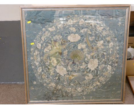 Large framed tapestry depicting peacocks and flowers, 71 x 71 cms