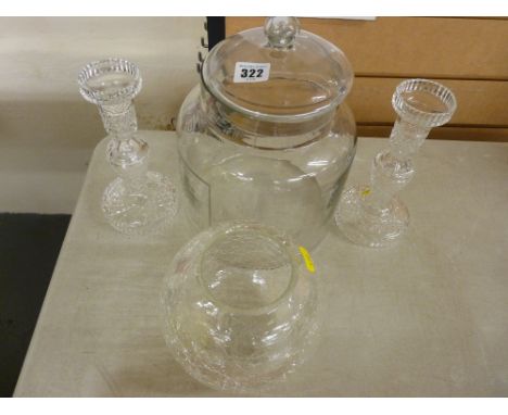 Glass jar with lid inscribed 'Candy Shop', pair of glass candleholders etc