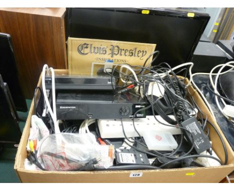 Kenmark 22 ins LCD DVD/TV, a brass effect lamp, a silver finish lamp and one other and a box of home entertainment units by S