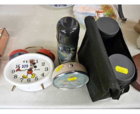 Mickey Mouse novelty alarm clock, Beatles Apple Corps Ltd flask, Noddy alarm clock and a cased set of binoculars 