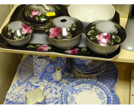 Staffs blue and white floral patterned tea service with tray and a quantity of dressing table items