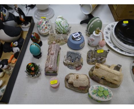 Quantity of Lilliput Lane cottages, ornamental eggs, Jasperware lighter etc