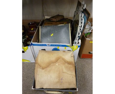 Box of mixed stationery items, cribbage board, vintage record case, metal framed mirror etc