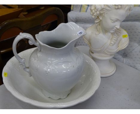 Plain white jug and basin set and a classical lady composite bust
