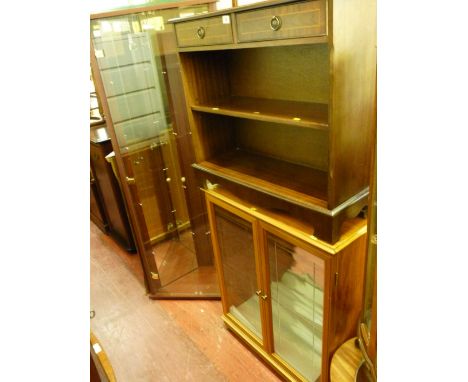 Two shelf and two drawer mahogany inlaid hall console unit and a light wood two door glazed display cabinet