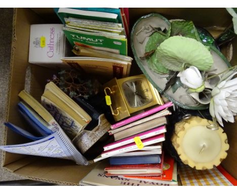 Box of Ordnance Survey maps, carriage clock and other household items