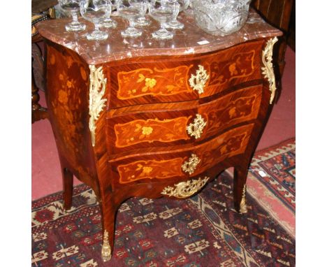 A French inlaid bombe commode with gilt embellishments and shaped marble top - 90cm