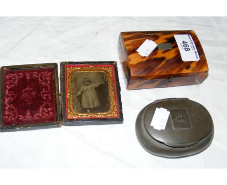 Tortoiseshell dome top box, pewter snuff box, together with a daguerreotype