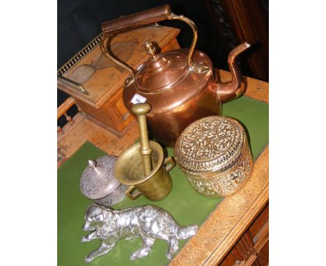 Copper kettle with acorn finial, pestle and mortar and three other metalware items