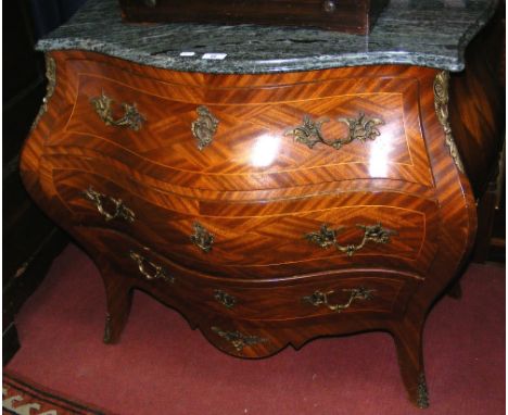 Continental kingwood bombe three drawer commode with shaped variegated marble top - 40cm