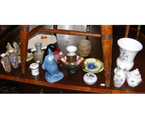 Assorted ceramic and glassware, including carnival glass bowl, Poole Penguin ornament, etc.
