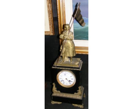 French style mantel clock with figural surmount carrying flag - 60cm high