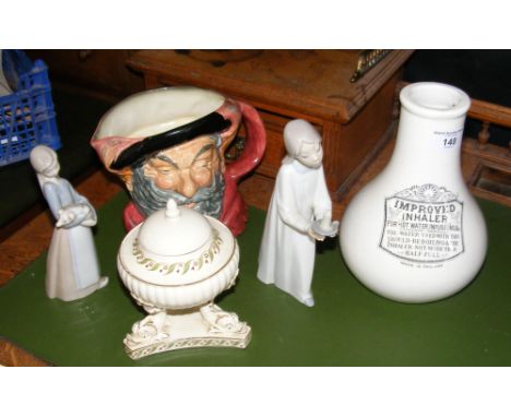 Five assorted items of ceramic ware, including two Lladro figures, Doulton "Falstaff" character jug, etc.