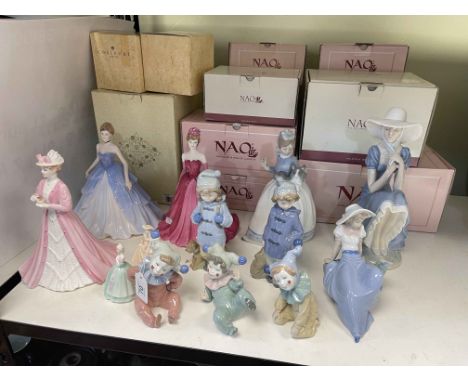 Five Coalport lady figurines and eight Nao figurines with boxes.