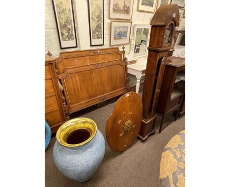 Mahogany arched top grandmother clock, the case fitted with shelves, 162cm, along with floral painted easel/screen and large 