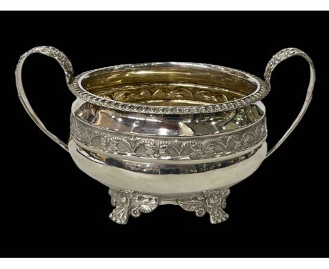 Good George IV silver sugar basin by Jonathan Hayne, London 1827, having chased band, gadroon border and on paw feet, 20cm ac