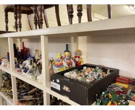Collection of Diecast toy vehicles, coloured glass, figurines, trinket boxes, pot clowns, print, etc.