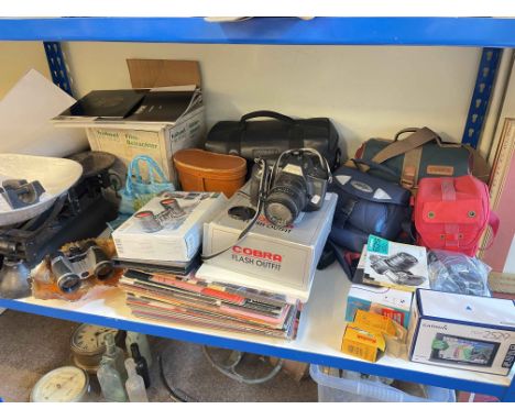 Collection of cameras, binoculars, scales with weights, LP records, etc.