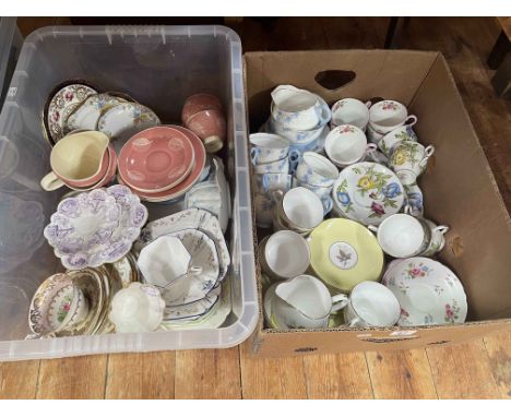 Two boxes of part tea wares including Shelley, Wileman, Grafton, etc.