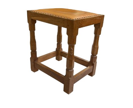 Robert Thompson of Kilburn 'Mouseman' adzed oak leather topped stool, 45.5cm by 39cm by 31cm.