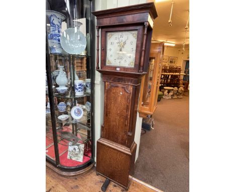 Antique oak and mahogany 30 hour longcase clock having fruit and floral painted square dial signed W. Scales, Kendal, 209cm.