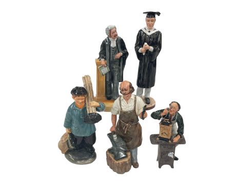 Five Royal Doulton figures including The Clockmaker and Master Sweep.