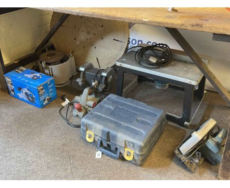 Collection of power tools including Pro Router, electric planer, belt sander, bench grinder, potters wheel, etc.