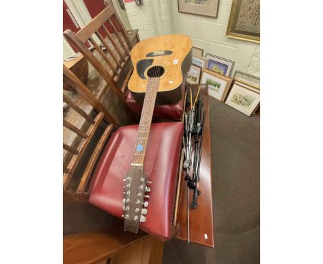 Guitar, drum with sticks, Loco amp, Laney speakers, mandolin and banjo.