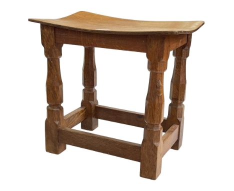 Robert Thompson of Kilburn 'Mouseman' adzed oak dish topped stool, 38cm by 40.5cm by 27.5cm.