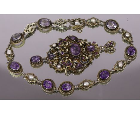 A white metal necklace set simulated amethysts &amp; blister pearls; &amp; a similar renaissance-style large pendant with ena