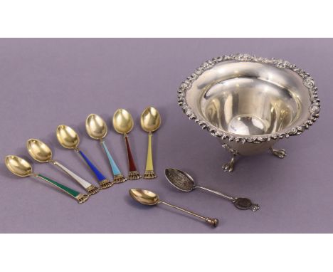 A set of six Danish sterling silver-gilt &amp; harlequin enamel coffee spoons with crown terminals; two other small silver sp